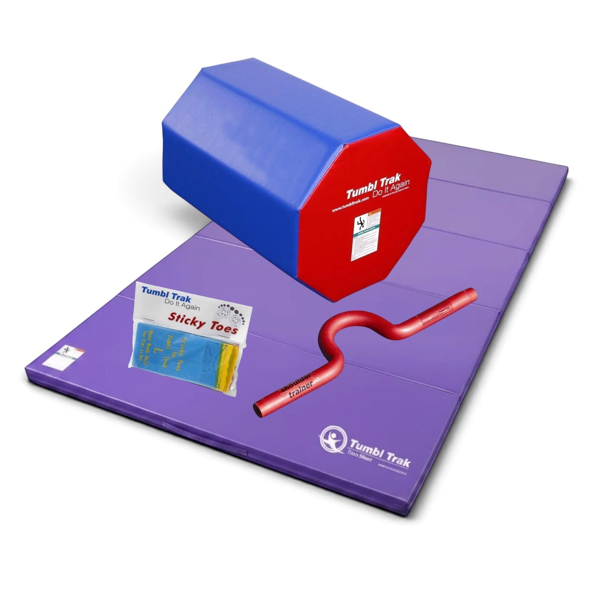 UK Gym Pits back handspring training package with purple tumbling mat, blue octagon tumbler, shoulder trainer, and sticky toes.