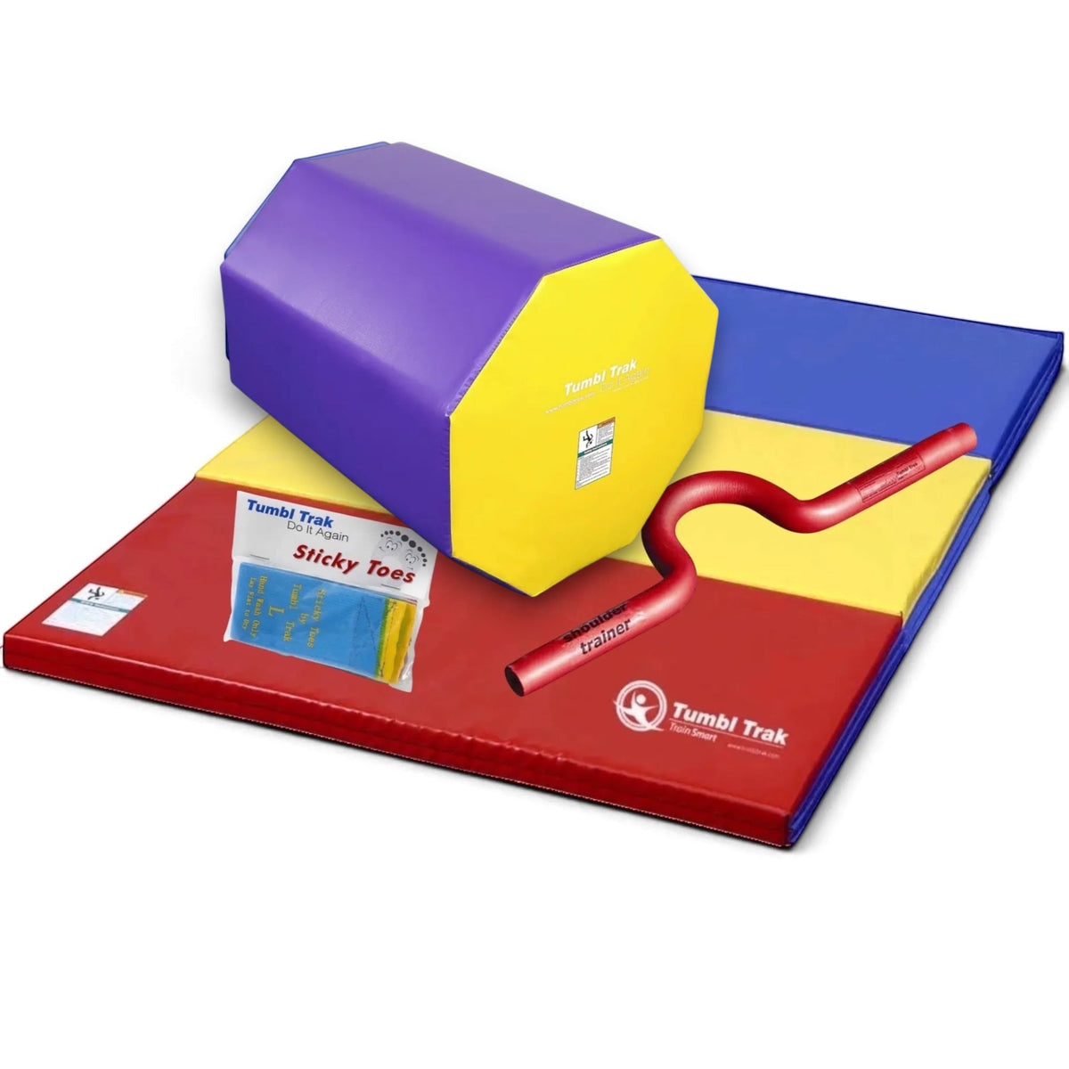 UK Gym Pits back handspring training package featuring an octagonal tumbler, folding mat, shoulder trainer, and sticky toes