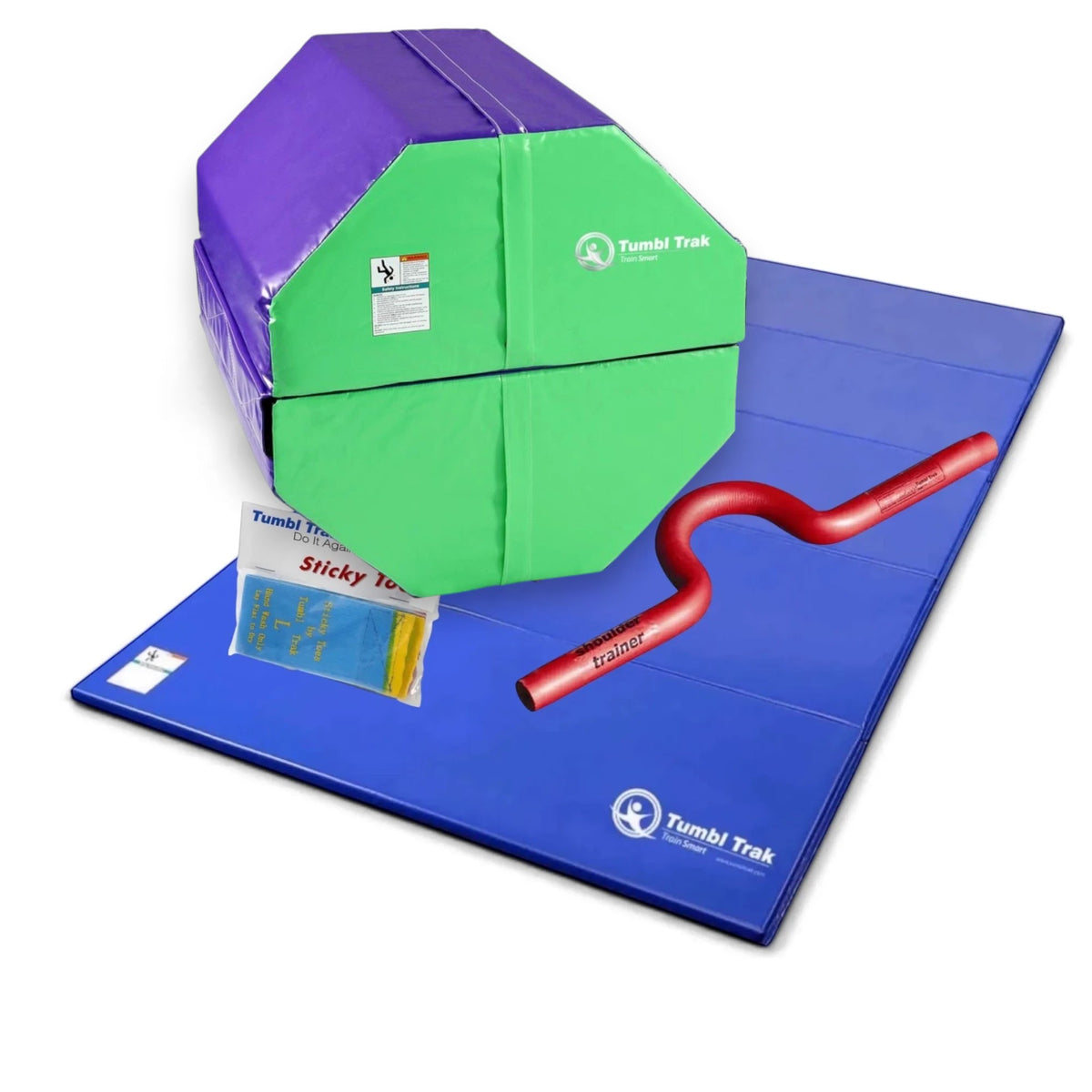 UK Gym Pits back handspring training package with blue octagonal tumbler, folding mat, shoulder trainer, and sticky toes