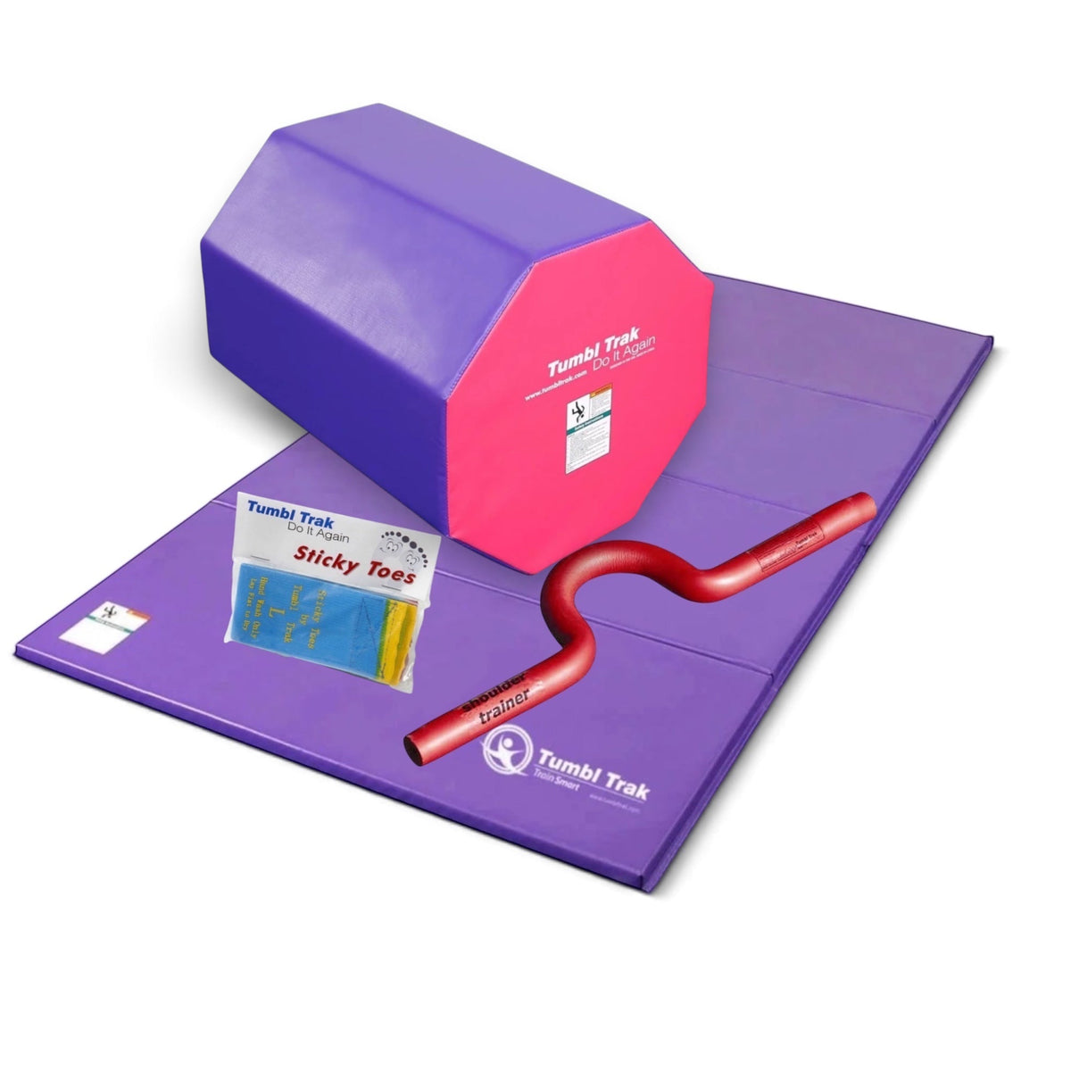 UK Gym Pits back handspring training package with purple tumbling mat, blue octagon, shoulder trainer, and sticky toes.