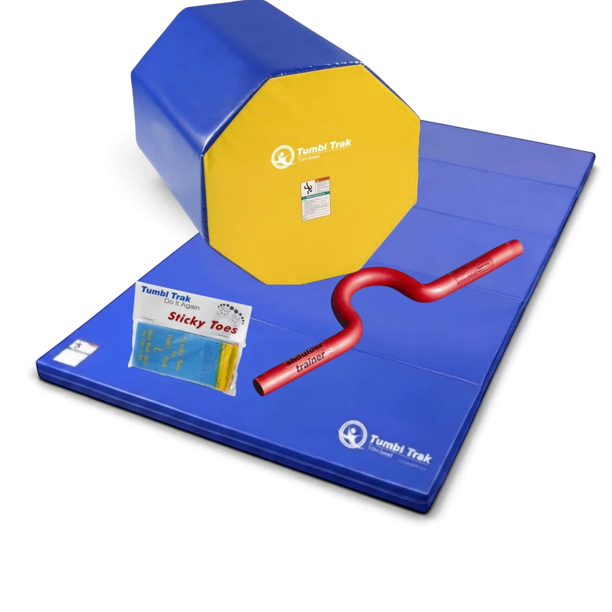 UK Gym Pits back handspring training package featuring a blue octagon tumbler, folding mat, shoulder trainer, and sticky toes