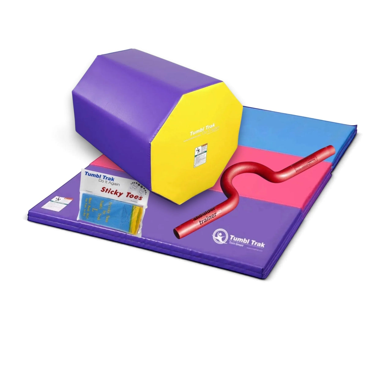 UK Gym Pits back handspring training package featuring an octagonal tumbler, folding mat, shoulder trainer, and toes.