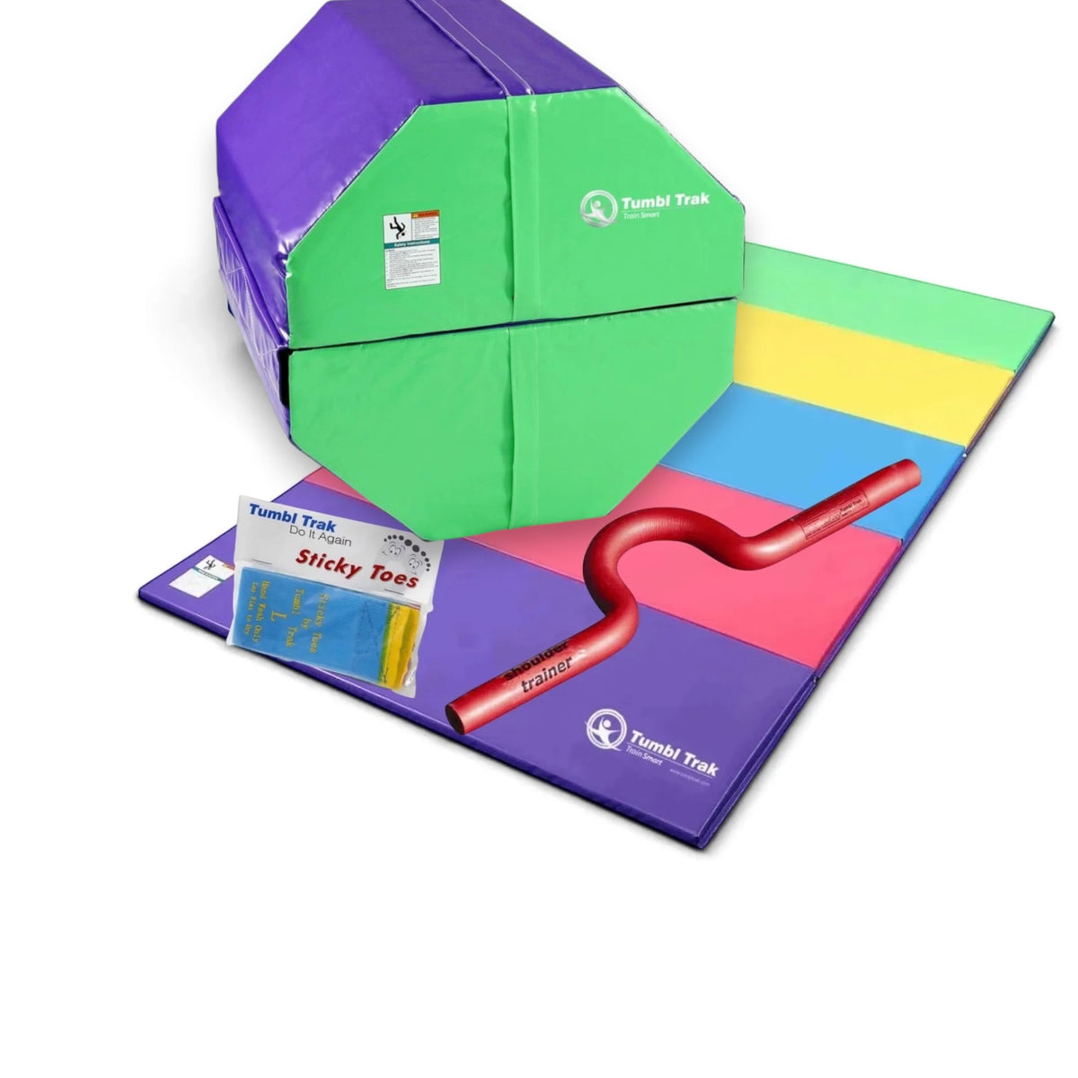 UK Gym Pits back handspring training package featuring an octagonal tumbler, folding mat, shoulder trainer, and sticky toes