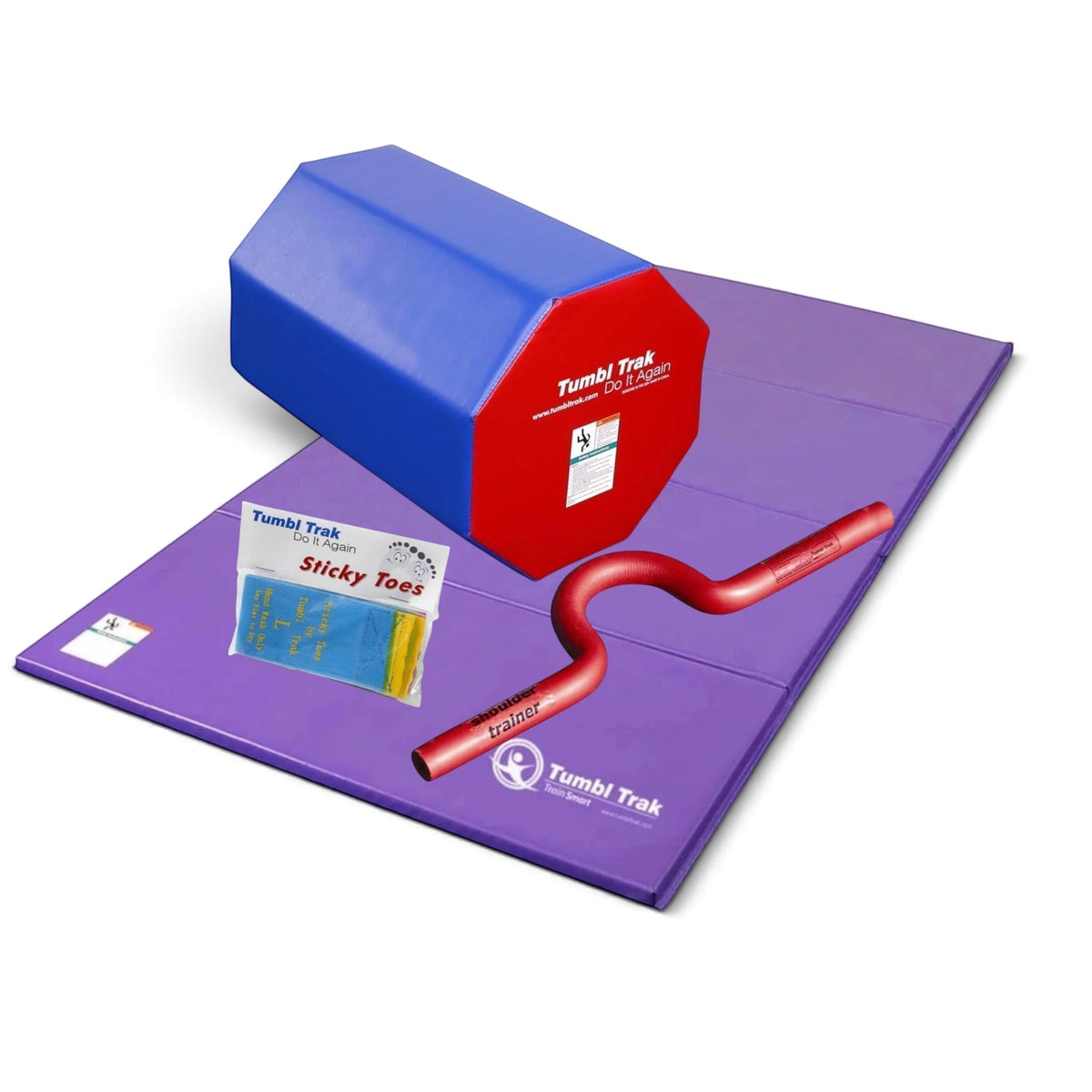 UK Gym Pits back handspring training package featuring a blue octagon tumbler, purple folding mat, and trainers.