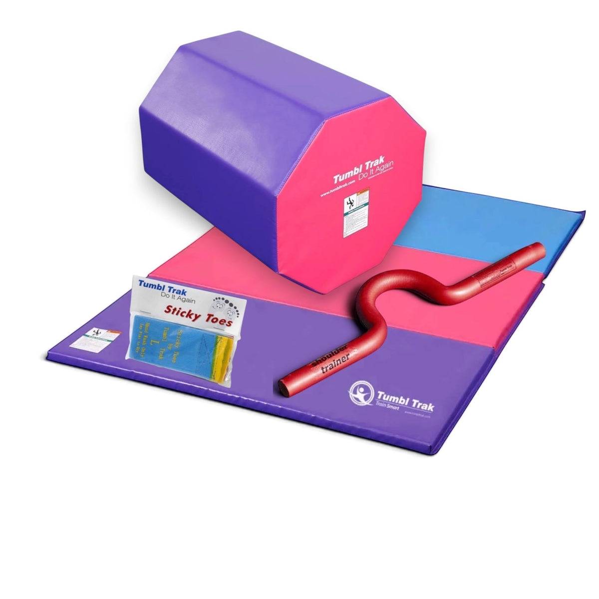 UK Gym Pits back handspring training package with octagonal tumbler, folding mat, shoulder trainer, and sticky toes.