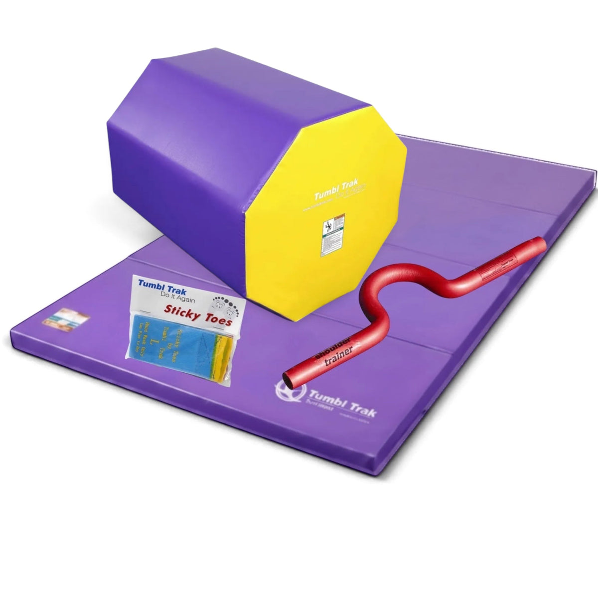 UK Gym Pits back handspring training package featuring a blue and red octagon, purple tumbling mat, and trainers.