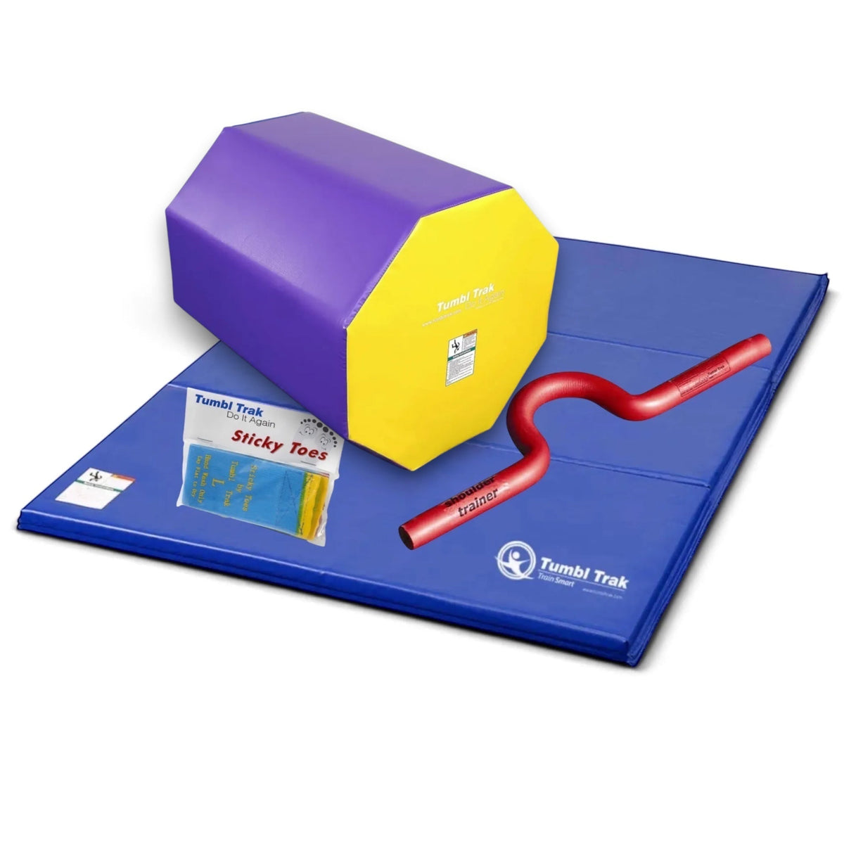 UK Gym Pits back handspring training package featuring a blue and red octagon, folding mat, shoulder trainer, and toes