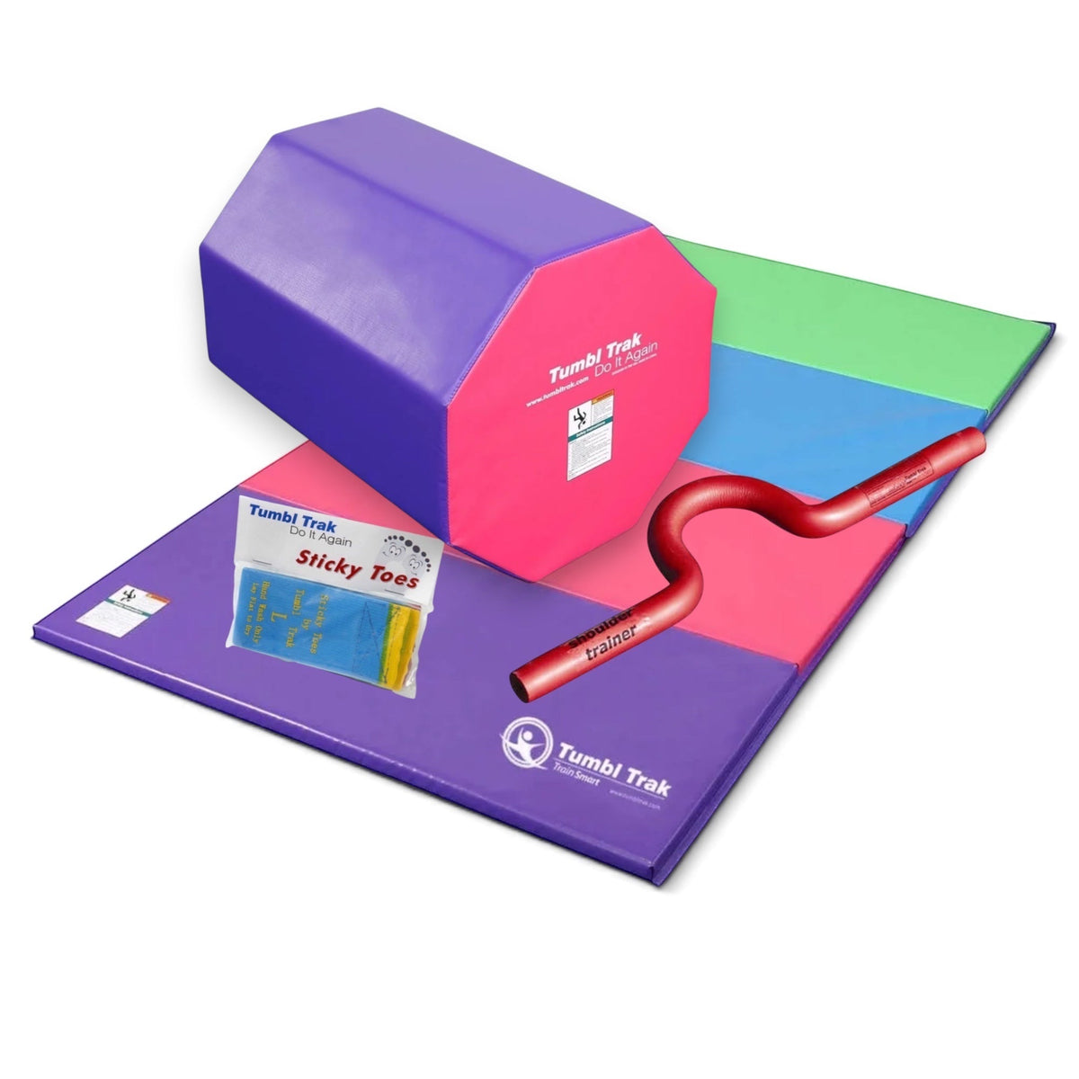 UK Gym Pits back handspring training package with octagonal tumbler, folding mat, shoulder trainer, and sticky toes.