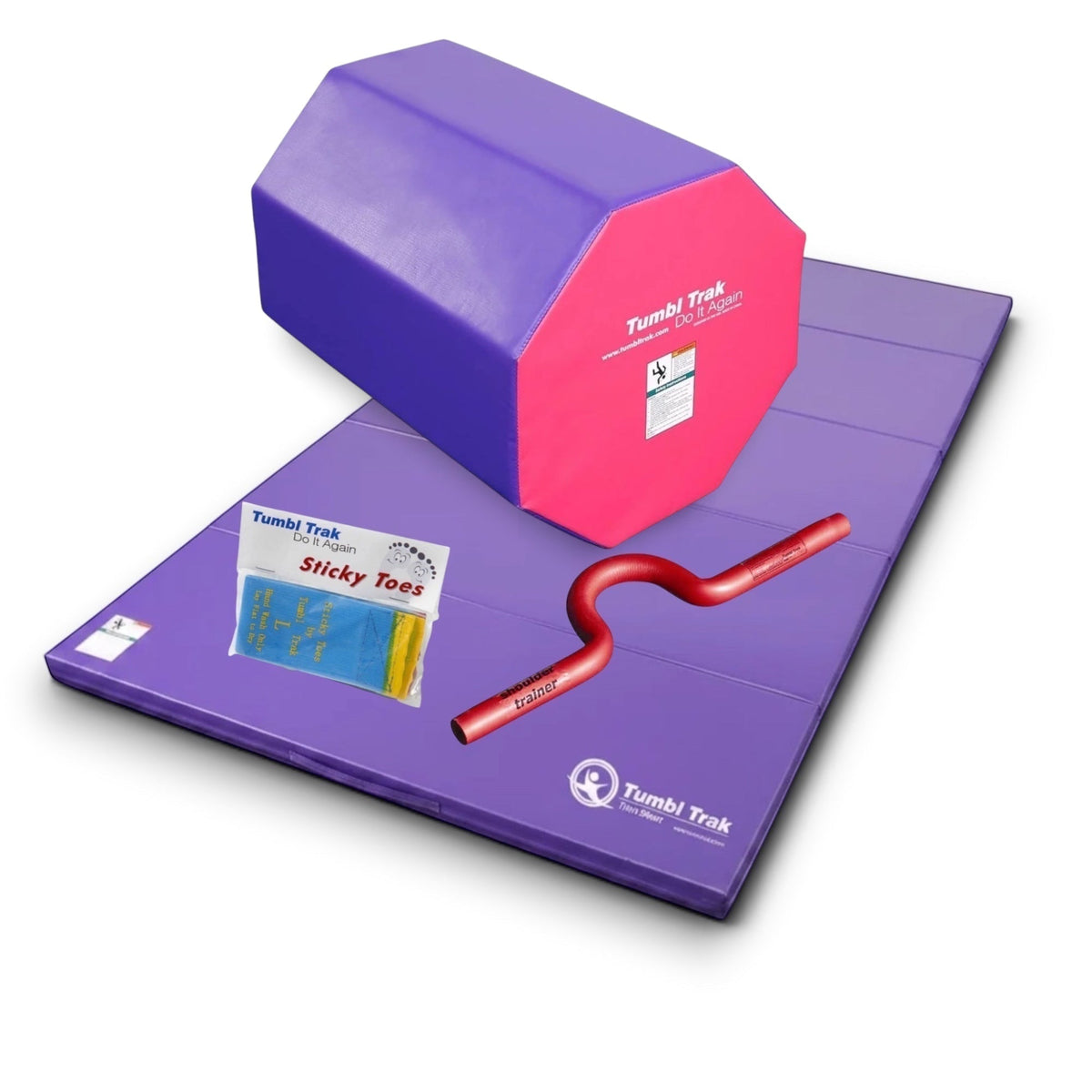 UK Gym Pits back handspring training package with purple tumbling mat, blue and red octagon, shoulder trainer, and sticky toes