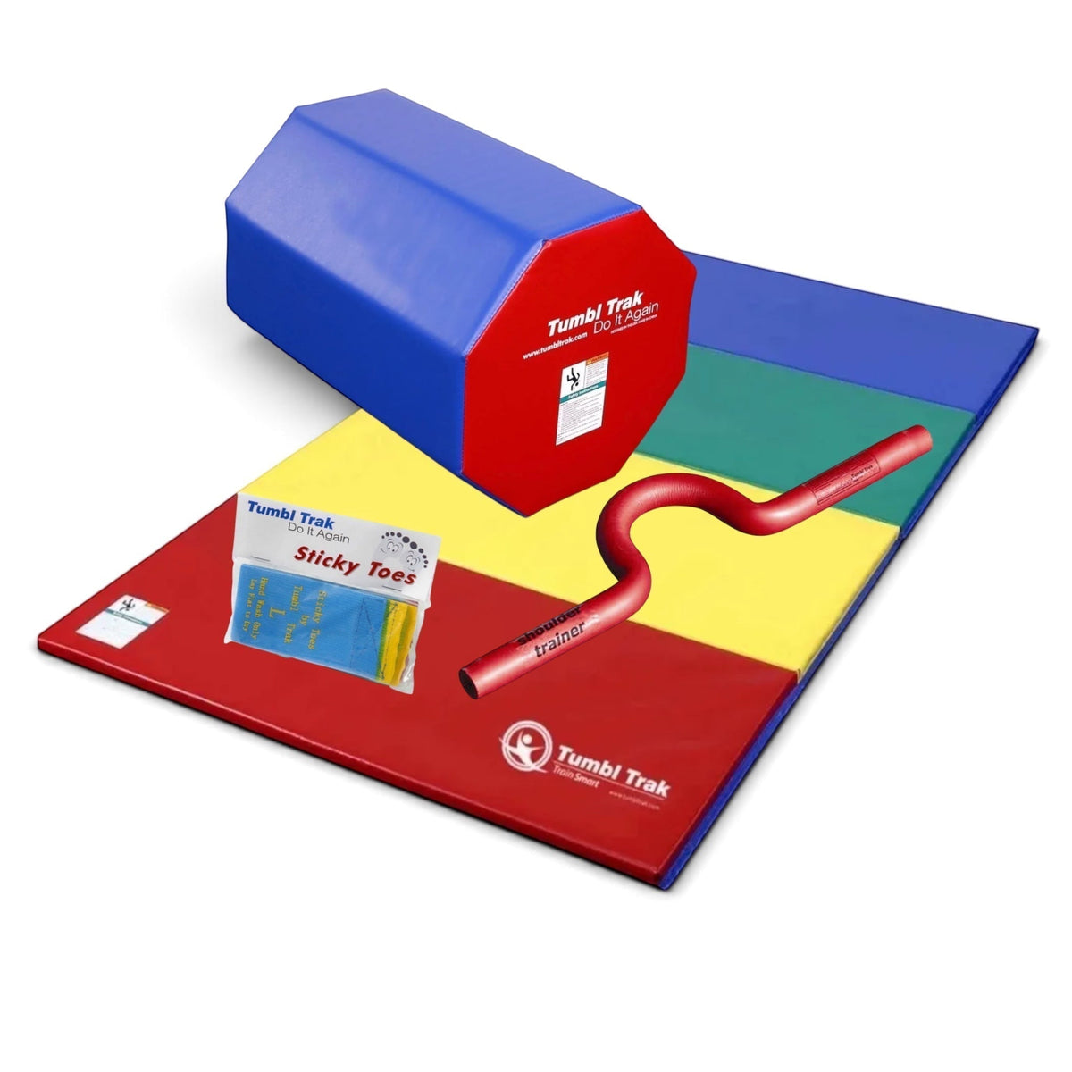 UK Gym Pits back handspring training package with octagonal tumbler, folding mat, shoulder trainer, and sticky toes.