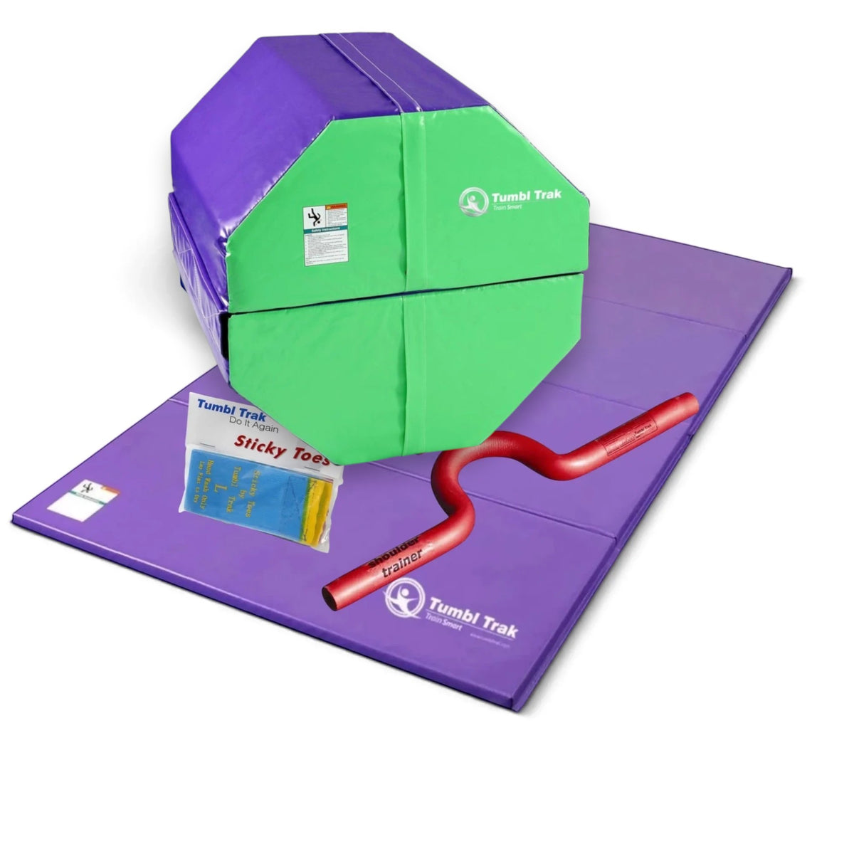 UK Gym Pits back handspring training package featuring a blue and red octagon, purple folding mat, shoulder trainer, and sticky toes.
