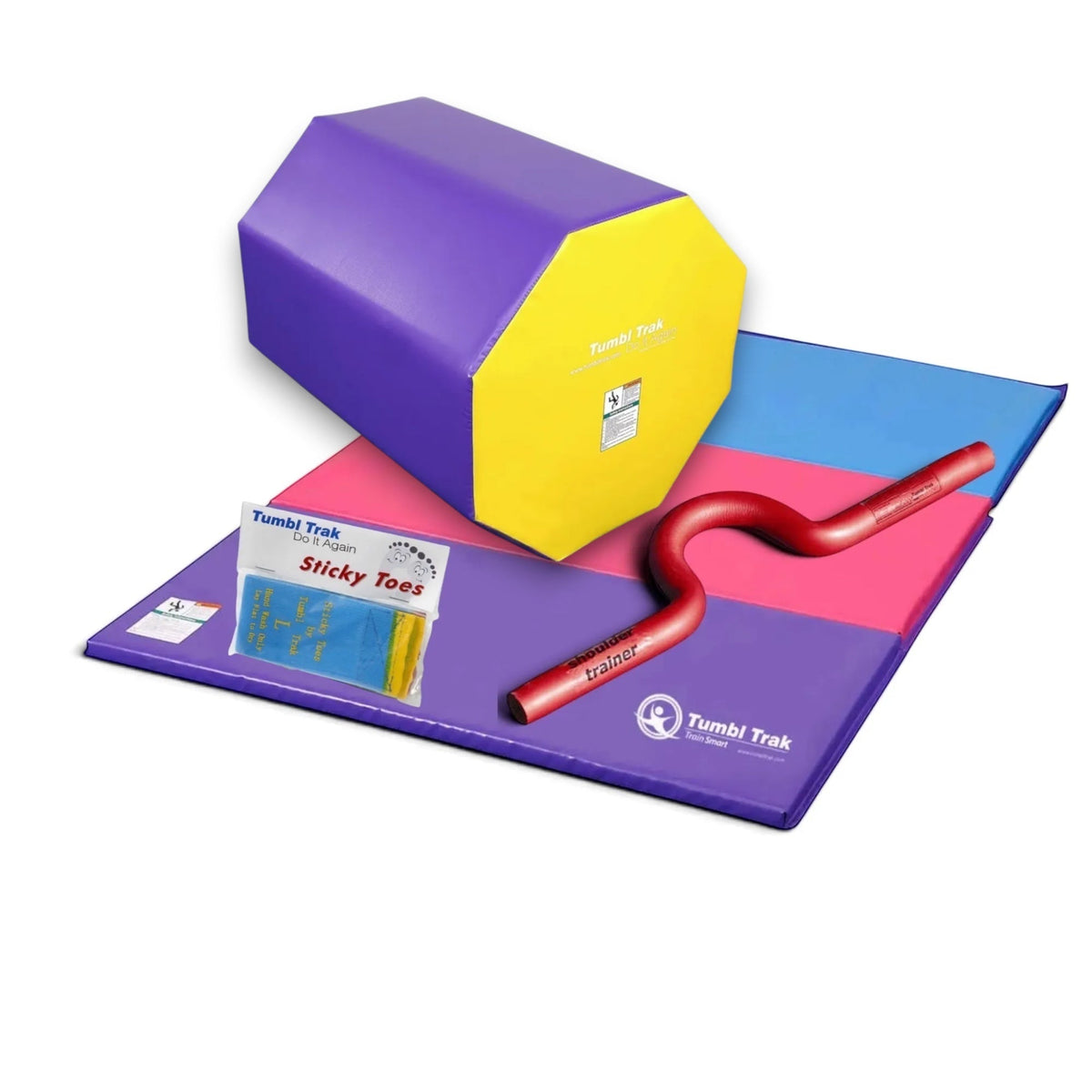 UK Gym Pits back handspring training package featuring an octagonal tumbler, folding mat, shoulder trainer, and toes.