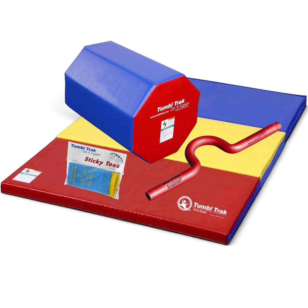 UK Gym Pits back handspring training package featuring a blue and red octagon, folding mat, shoulder trainer, and toes