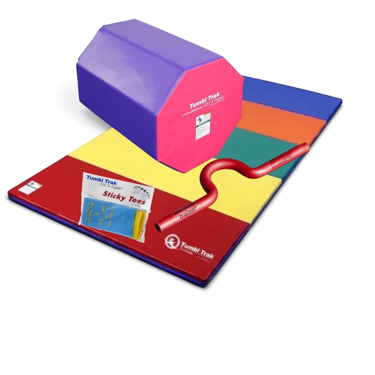 UK Gym Pits back handspring training package with blue and red octagon, folding mat, shoulder trainer, and sticky toes