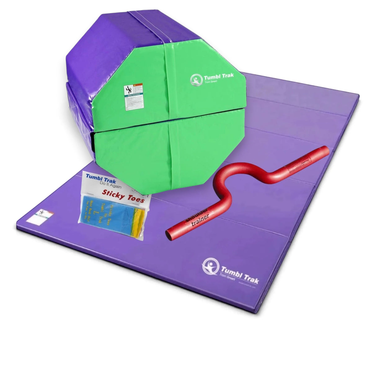 UK Gym Pits back handspring training package featuring a purple tumbling mat, blue octagon tumbler, trainer, and toes