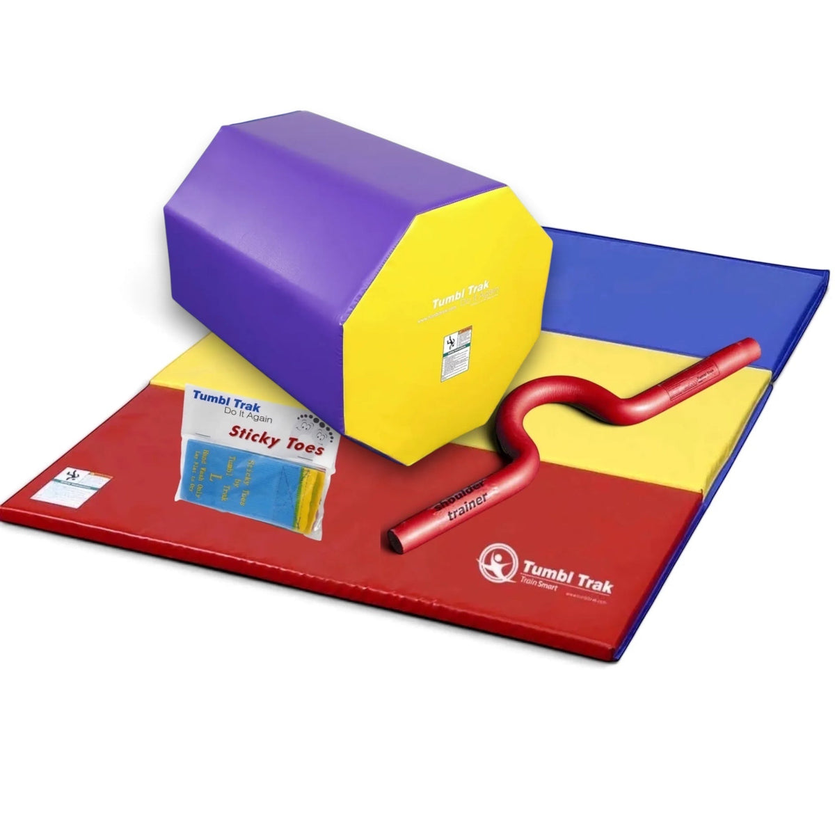 UK Gym Pits back handspring training package with octagonal tumbler, folding mat, shoulder trainer, and sticky toes.