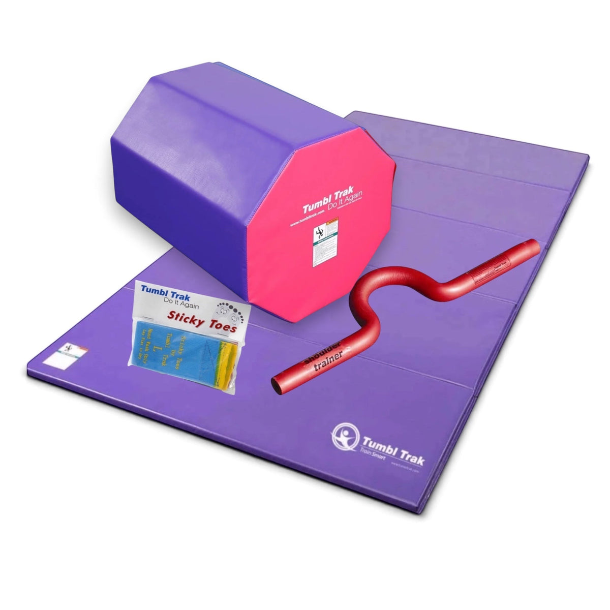 UK Gym Pits back handspring training package featuring a purple tumbling mat, blue octagon, shoulder trainer, and straps.