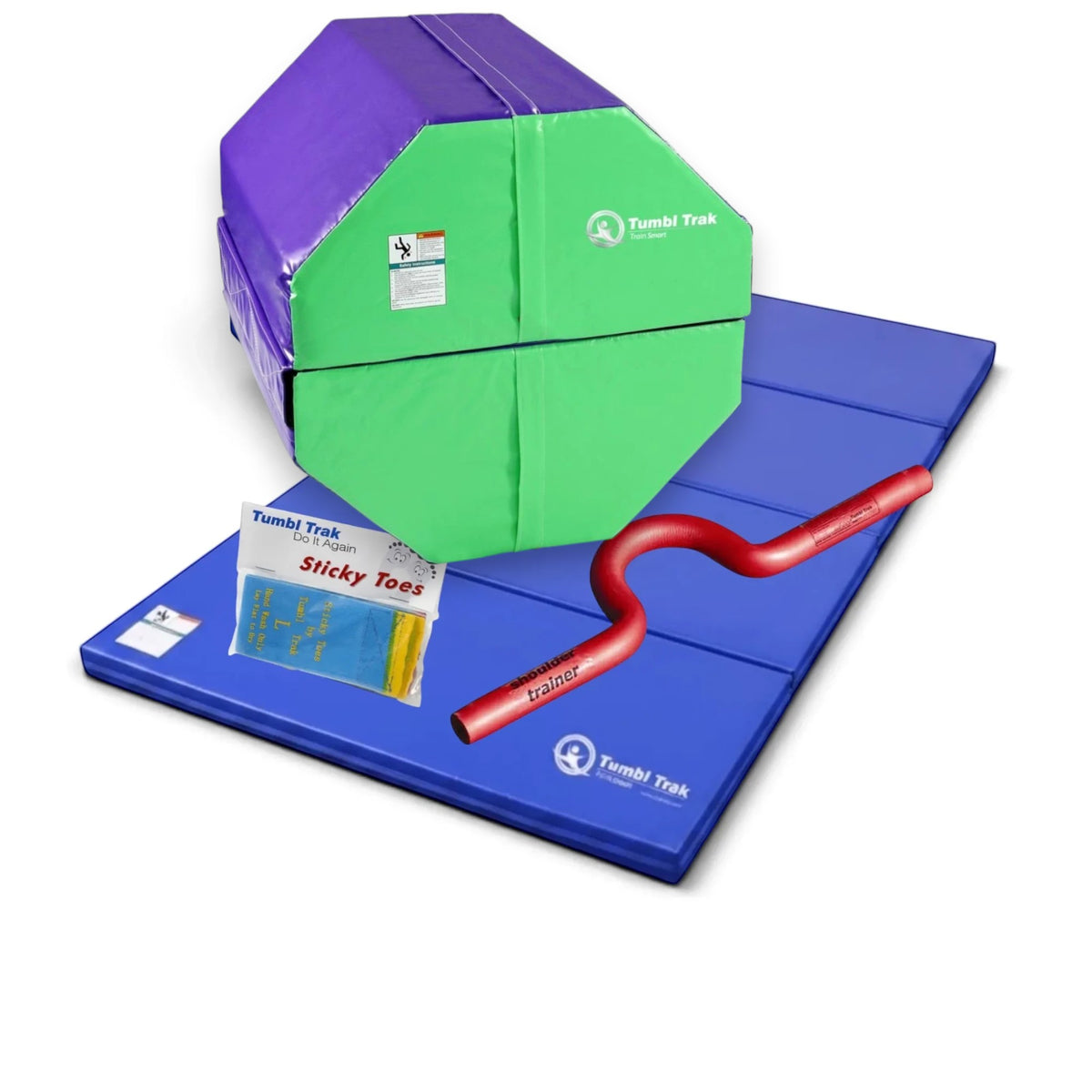 UK Gym Pits back handspring training package featuring a blue octagon tumbler, folding mat, shoulder trainer, and sticky toes.