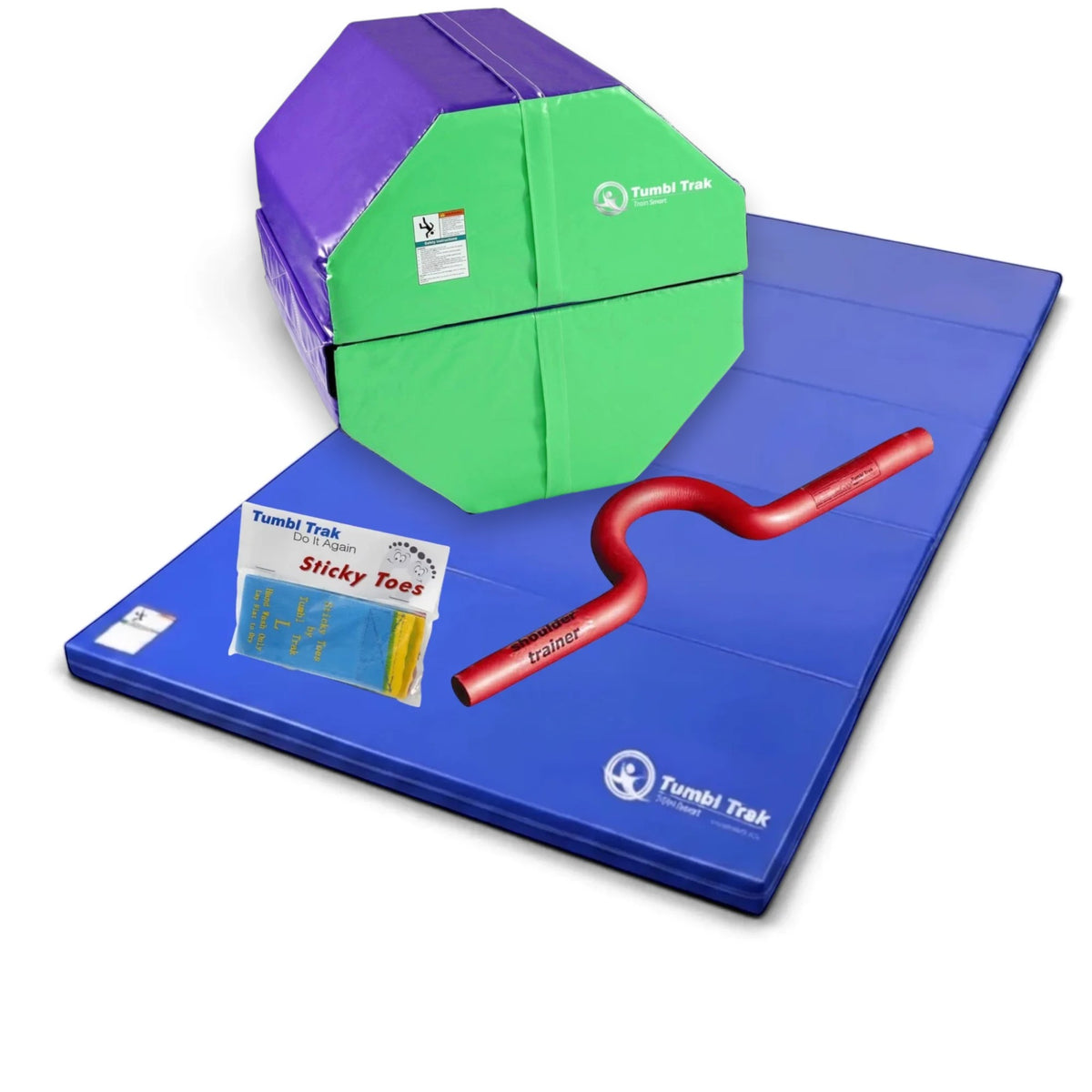 UK Gym Pits back handspring training package featuring a blue octagon tumbler, folding mat, shoulder trainer, and sticky toes
