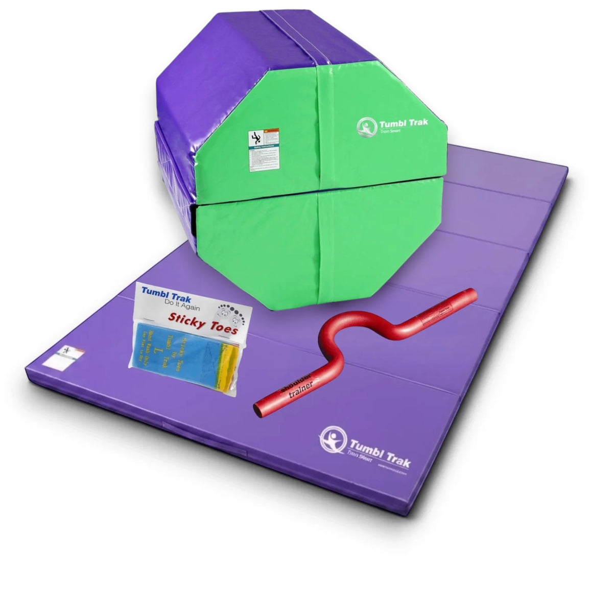 UK Gym Pits back handspring training package featuring a blue octagon tumbler, purple folding mat, trainer, and straps