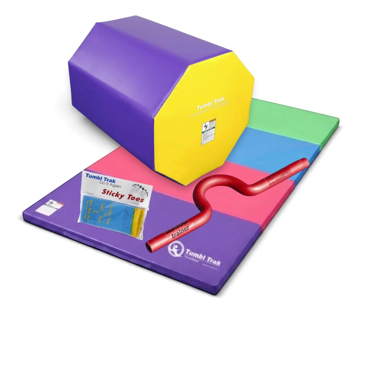 UK Gym Pits back handspring training package with octagonal tumbler, folding mat, shoulder trainer, and sticky toes.