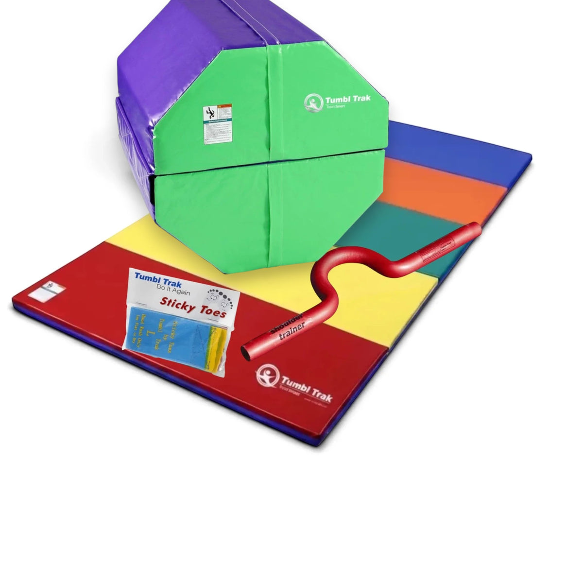 UK Gym Pits back handspring training package with blue octagon tumbler, folding mat, shoulder trainer, and sticky toes