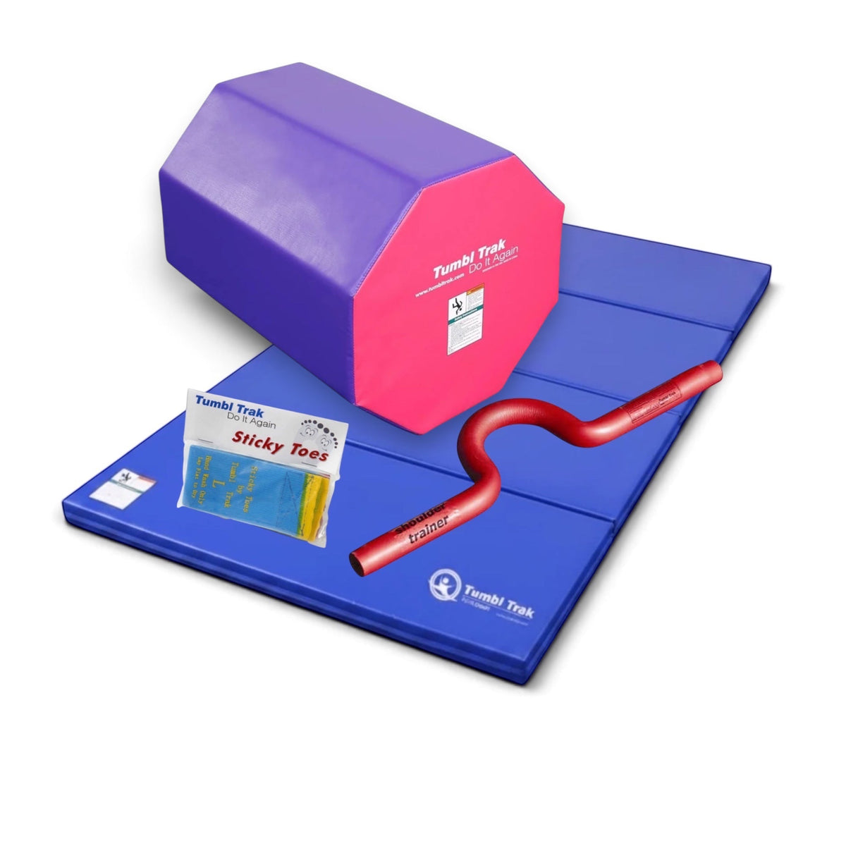 UK Gym Pits back handspring training package featuring a blue octagon tumbler, folding mat, shoulder trainer, and toes