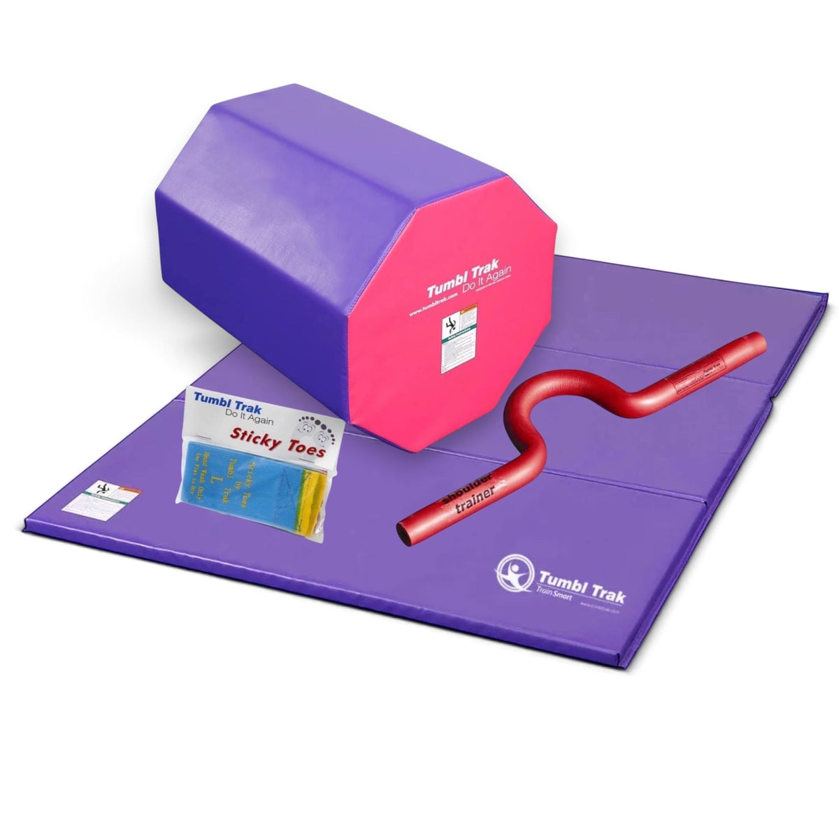 UK Gym Pits back handspring training package with purple tumbling mat, blue octagon tumbler, shoulder trainer, and sticky toes.