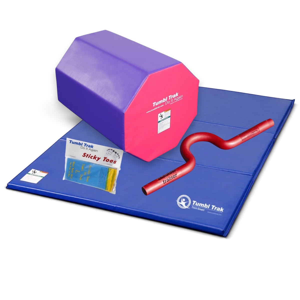 UK Gym Pits back handspring training package featuring a blue octagon tumbler, folding mat, shoulder trainer, and sticky toes.