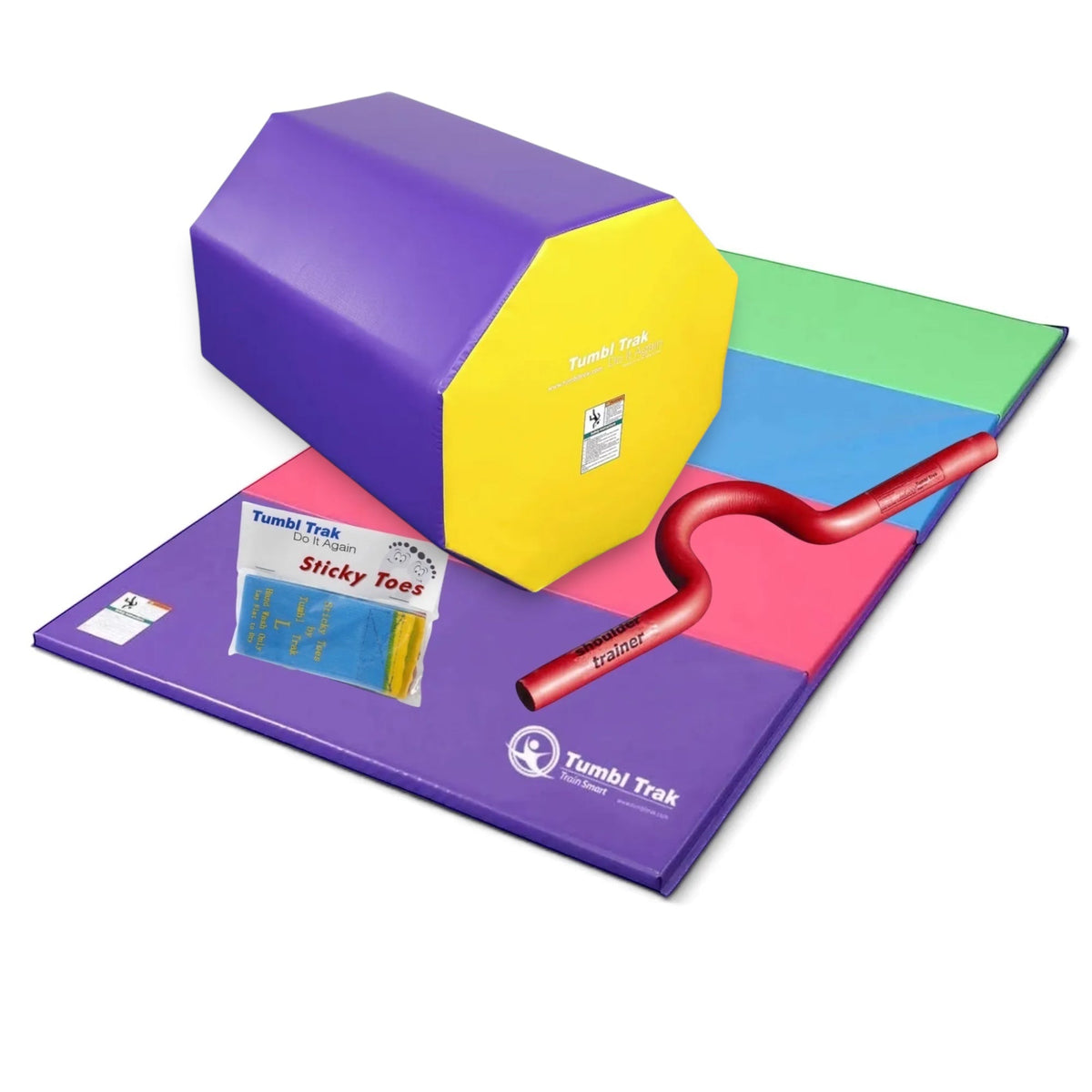 UK Gym Pits back handspring training package with octagonal tumbler, folding mat, shoulder trainer, and sticky toes.