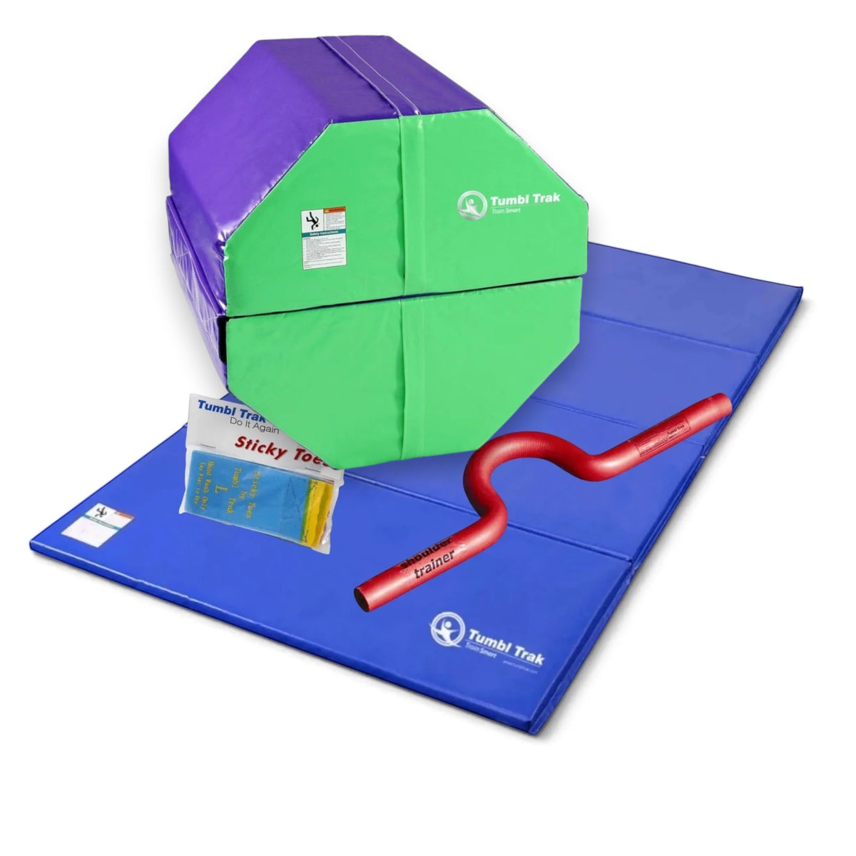 UK Gym Pits back handspring training package with blue octagon tumbler, folding mat, shoulder trainer, and sticky toes
