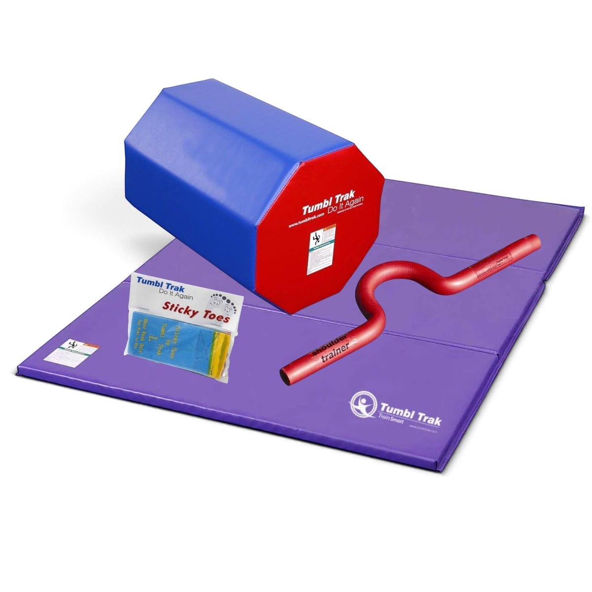 UK Gym Pits back handspring training package with purple tumbling mat, blue and red octagon, shoulder trainer, and sticky toes.