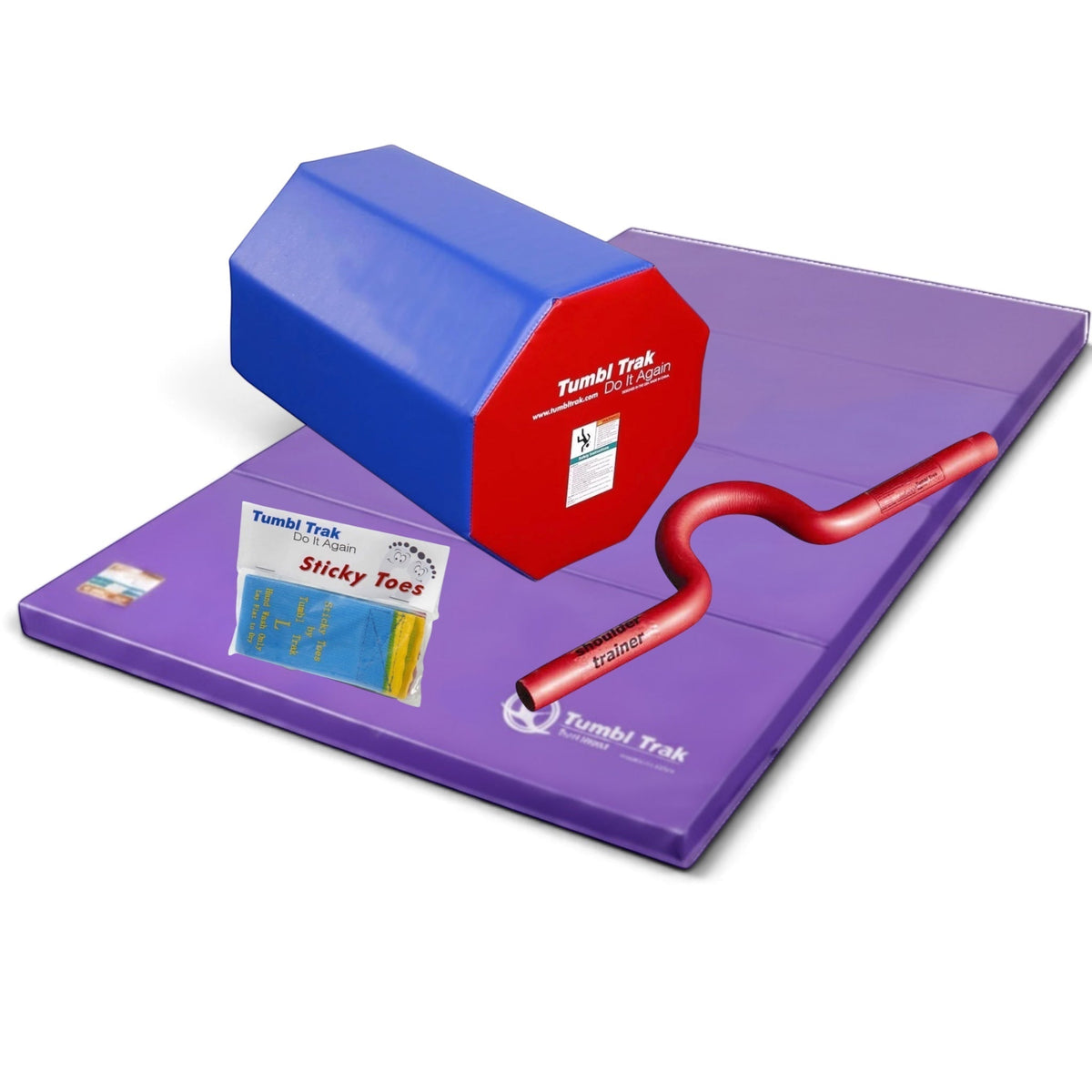 UK Gym Pits back handspring training package featuring a blue and red octagon, purple tumbling mat, and accessories.