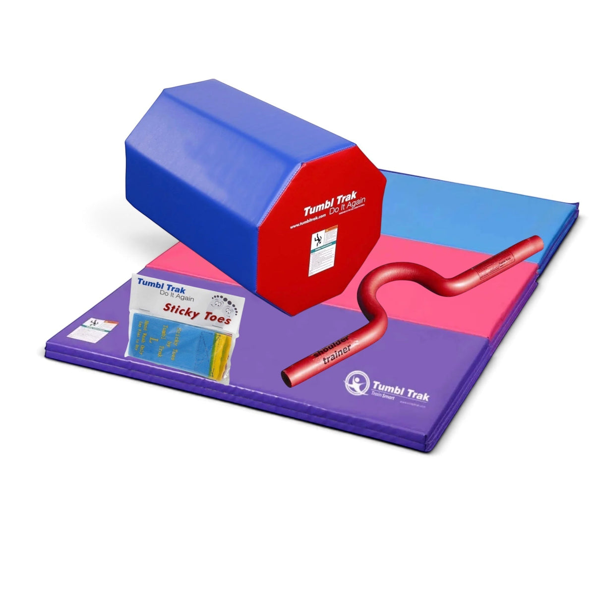 UK Gym Pits back handspring training package featuring an octagonal tumbler, folding mat, shoulder trainer, and toes.