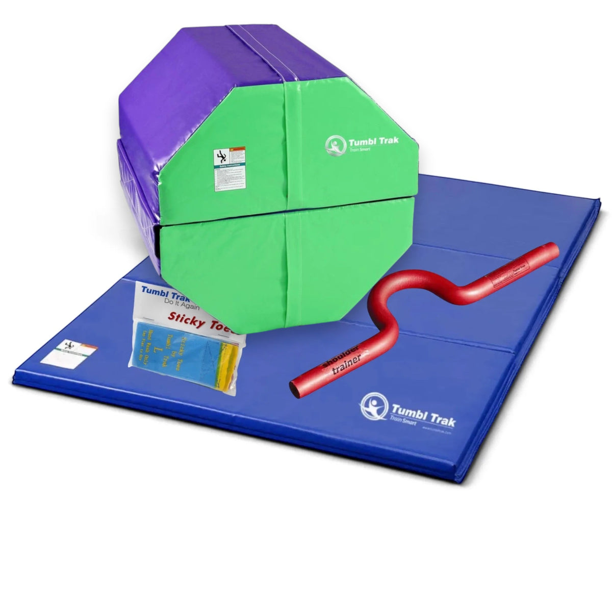 UK Gym Pits back handspring training package featuring a blue and red octagon, tumbling mat, shoulder trainer, and sticky toes.