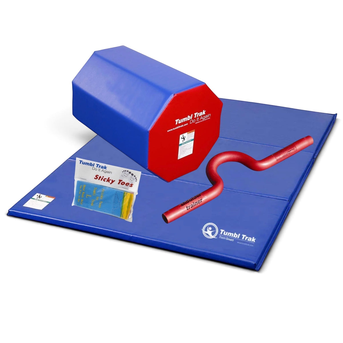 UK Gym Pits back handspring training package with blue octagonal tumbler, folding mat, shoulder trainer, and sticky toes.