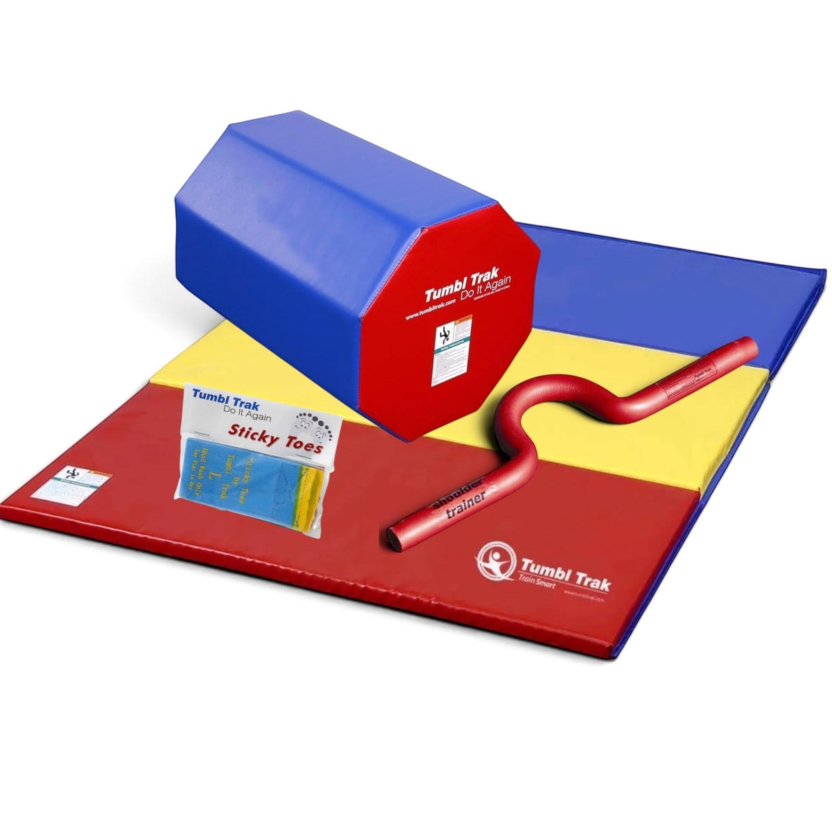 UK Gym Pits back handspring training package with octagonal tumbler, folding mat, shoulder trainer, and sticky toes.