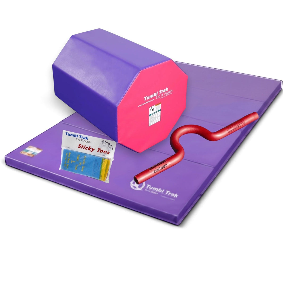 UK Gym Pits back handspring training package featuring a blue and red octagon, purple tumbling mat, and accessories.