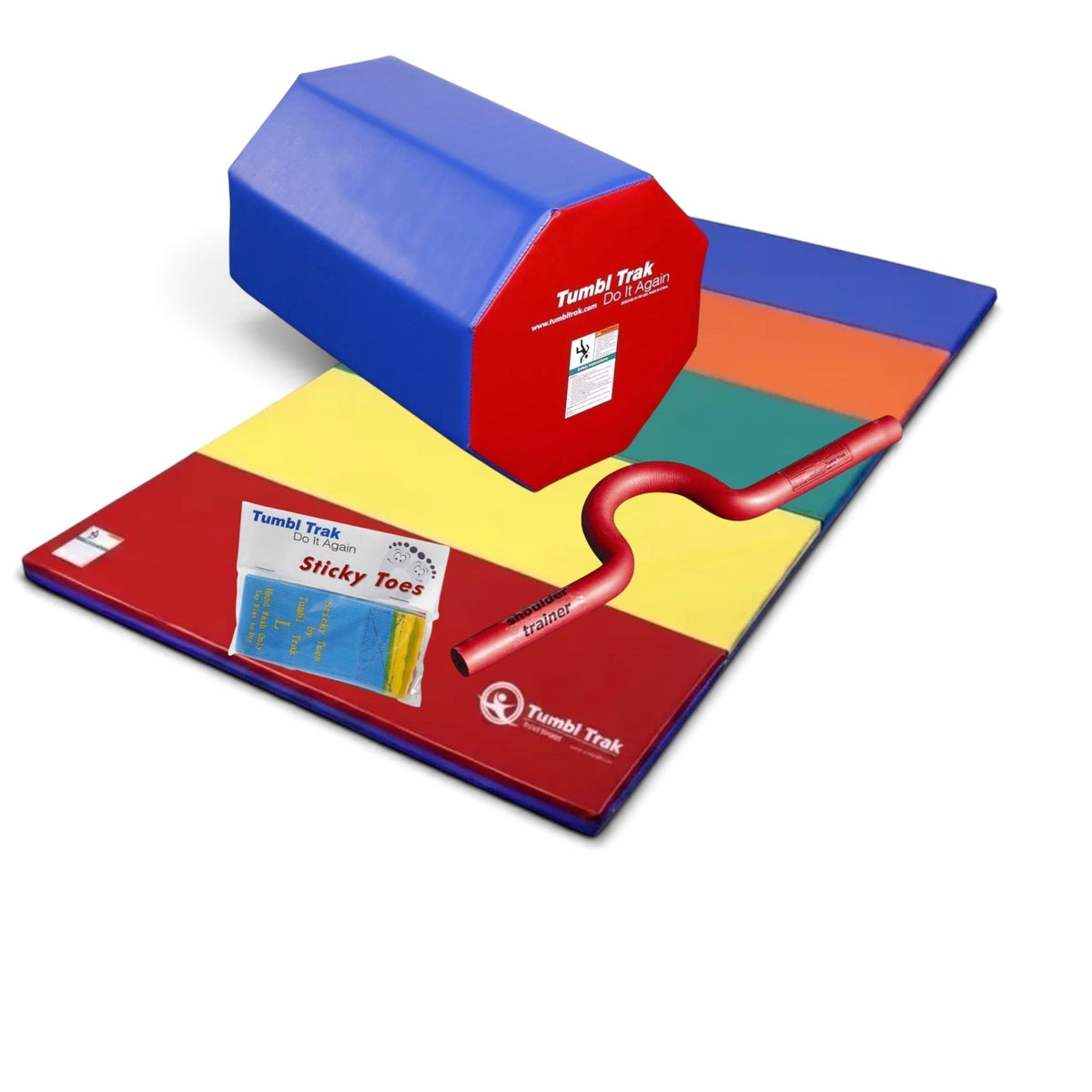 UK Gym Pits back handspring training package with blue octagon tumbler, folding mat, shoulder trainer, and Sticky Toes