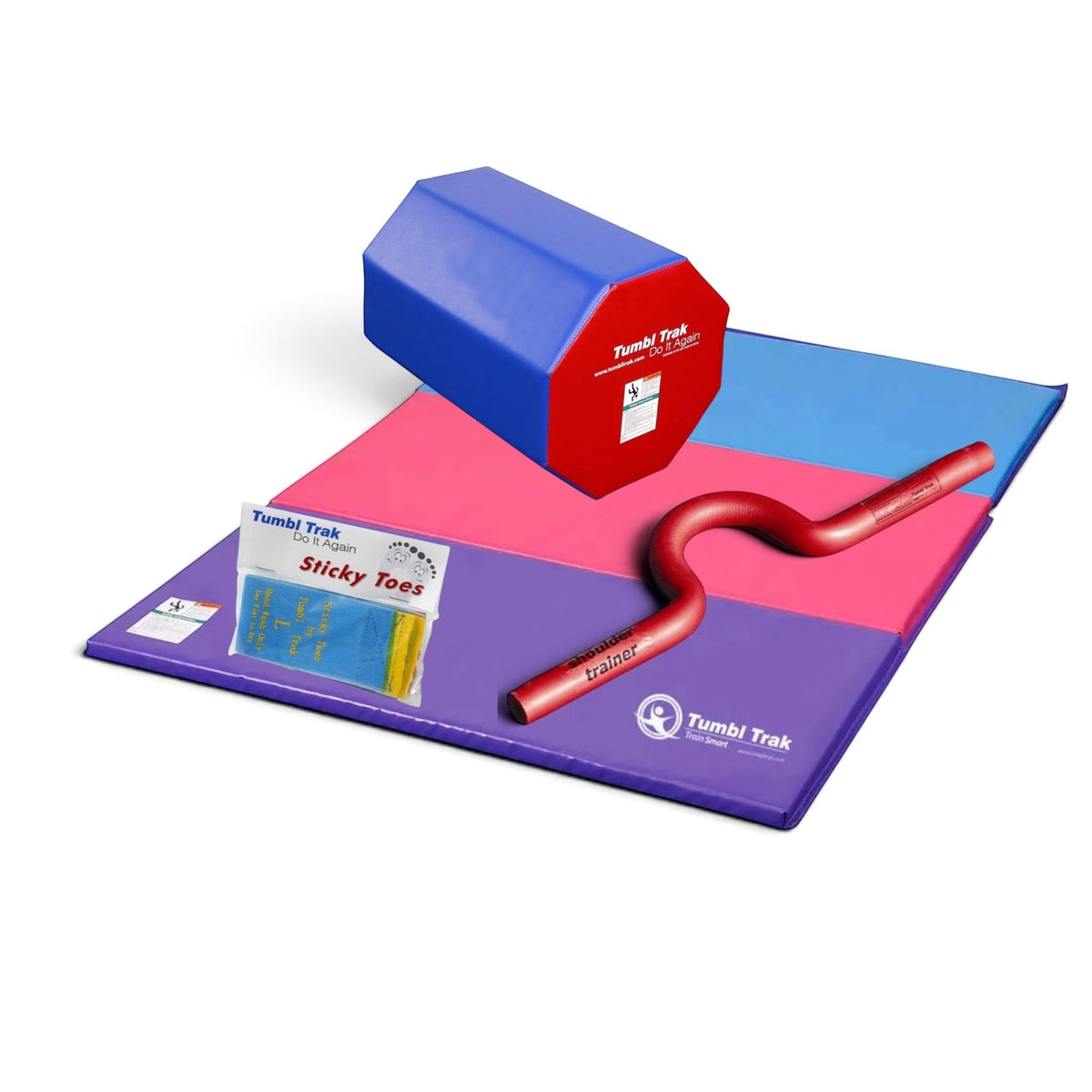 UK Gym Pits back handspring training package with octagonal tumbler, folding mat, shoulder trainer, and sticky toes.