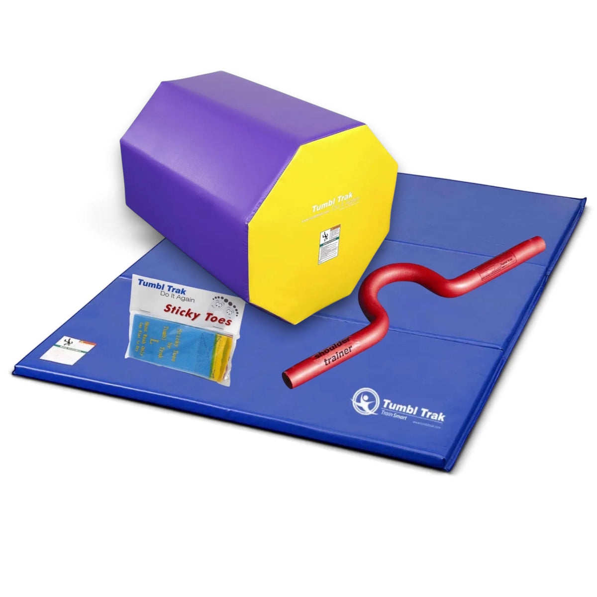 UK Gym Pits back handspring training package with blue octagon tumbler, folding mat, shoulder trainer, and sticky toes.