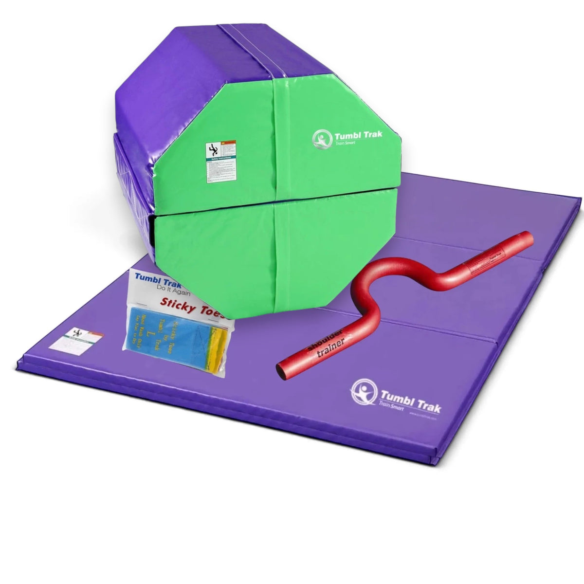 UK Gym Pits back handspring training package with blue and red octagon tumbler, purple folding mat, and accessories.