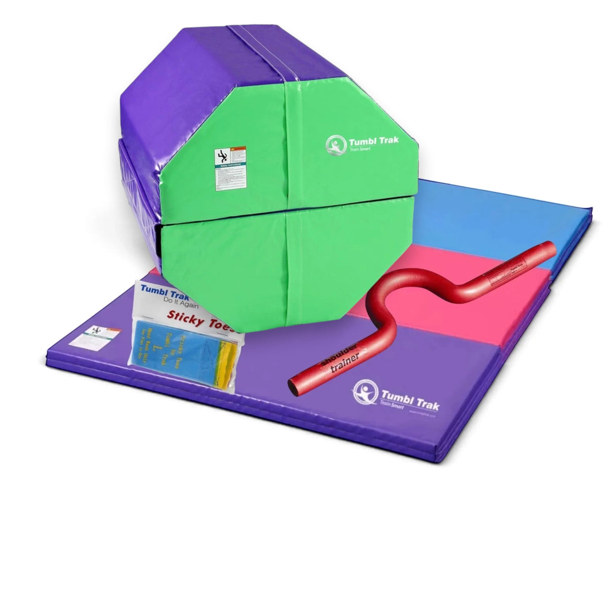 UK Gym Pits back handspring training package with octagonal tumbler, folding mat, shoulder trainer, and sticky toes.