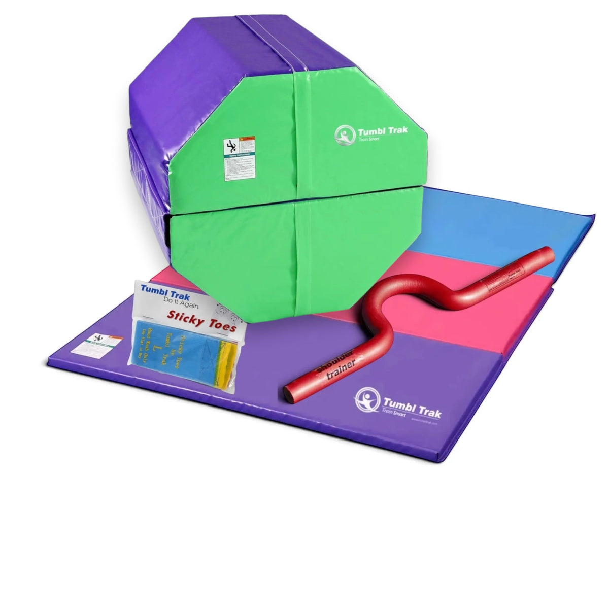 UK Gym Pits back handspring package with octagonal tumble, folding mat, shoulder trainer, and sticky toes for training.