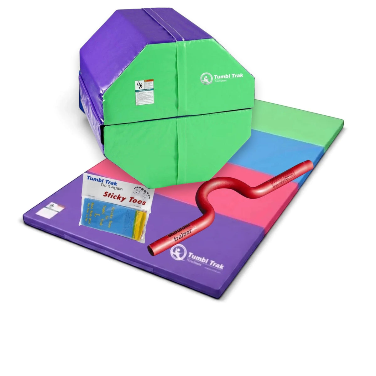 UK Gym Pits back handspring training package with octagonal tumbler, folding mat, shoulder trainer, and sticky toes.