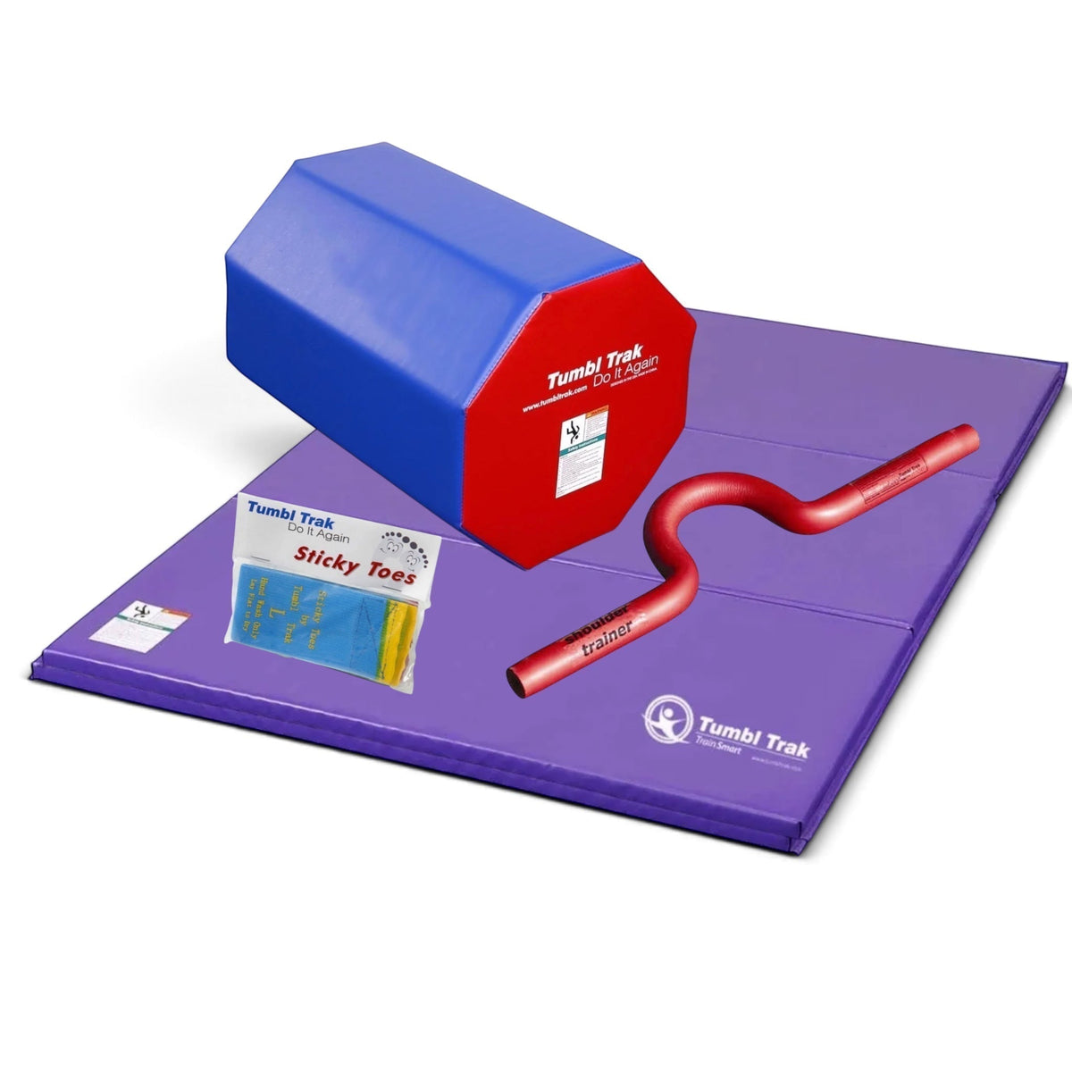 UK Gym Pits back handspring training package featuring an octagon tumbler, purple folding mat, shoulder trainer, and sticky toes.