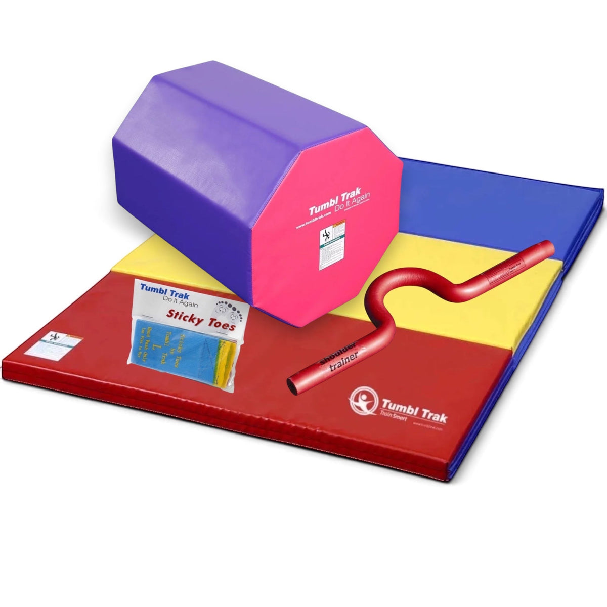 UK Gym Pits back handspring training package with octagonal tumble, folding mat, shoulder trainer, and sticky toes.