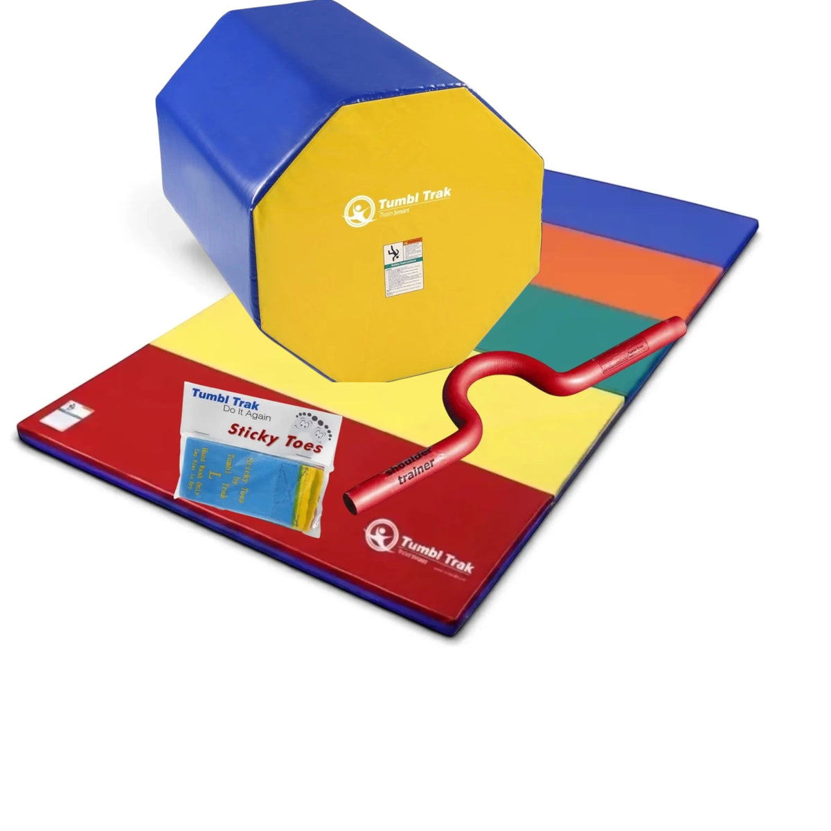 UK Gym Pits back handspring training package with blue octagon tumbler, folding mat, shoulder trainer, and sticky toes