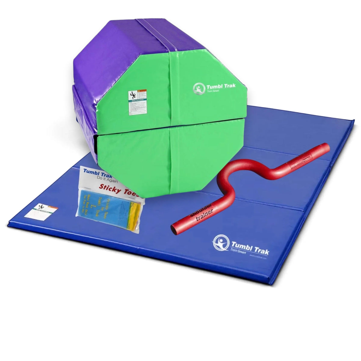 UK Gym Pits back handspring training package with blue octagon tumbler, folding mat, shoulder trainer, and sticky toes.