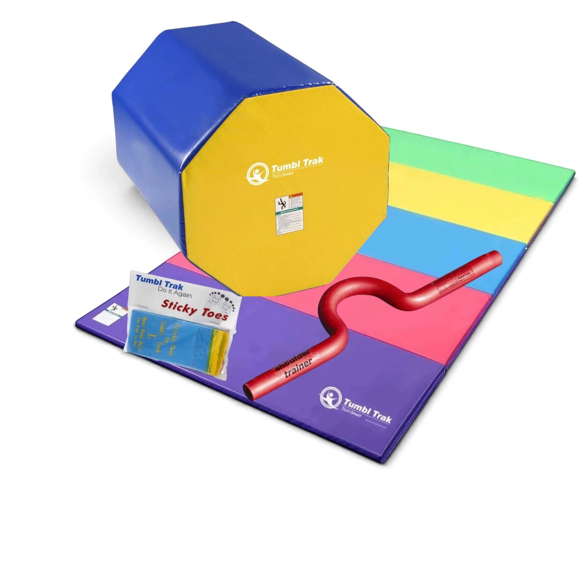 UK Gym Pits back handspring training package featuring a multi-coloured folding mat, octagonal tumbler, shoulder trainer, and sticky toes.